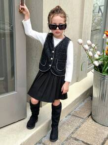 SHEIN Young Girl White Ribbed Crew Neck Long Sleeve Top Paired With Black Vest And Pleated Skirt, Cute & Comfortable Autumn/Winter Set - Black - View 5