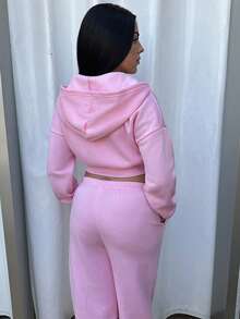 Lucia Bellido Women's Casual Solid Drop Shoulder Loose Zip-Up Cropped Hoodie And Jogger Sweatpants Set - Pink - View 6