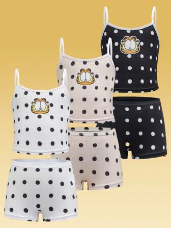GARFIELD | SHEIN 年轻女孩波尔卡圆点和卡通图案吊带背心和平角内裤套装，内衣