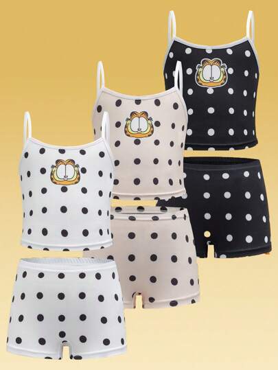 GARFIELD | SHEIN 年轻女孩波尔卡圆点和卡通图案吊带背心和平角内裤套装，内衣