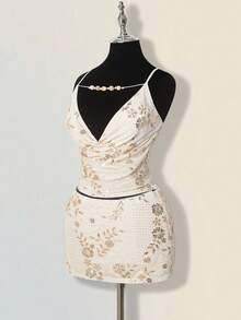 SHEIN ICON 女士正式派对串珠性感亮片刺绣细肩带短款上衣和迷你裙两件套，夏季亮片两件套 - 杏色 - 查看 7