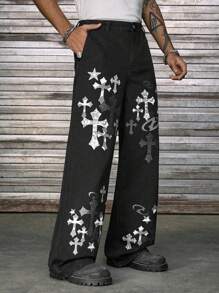 AXEPEAK Quần ống rộng túi họa tiết chữ thập sáng bóng dành cho nam - màu đen - Xem 4