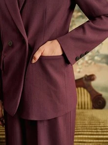 Anewsta 秋季新款复古梅紫色长袖翻领西装外套+高腰直筒裤女套装秋季夏季优雅别致新年休闲圣诞 - 紫色 - 查看 8