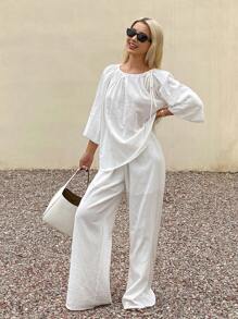 Livesso 女士圆领宽松休闲上衣和裤子两件套，纯色波西米亚风 - 白色 - 查看 4