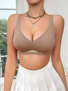 SHEIN 女士无缝无钢圈文胸，果冻柔软支撑简约性感镂空网眼休闲舒适罩杯文胸，单件 - 摩卡棕 - 查看 5