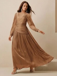 Anewsta Váy dài nữ, cổ tròn, nhún eo, tay bồng, tay dài, màu xanh ô liu, bóng, thanh lịch và đa năng - Màu nâu  Mocha - Xem 5