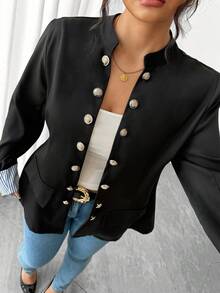 Elenzga Plus Size Retro Stand Collar Double-Breasted Long Sleeve Contrast Striped Cuff Women Jacket Fall Winter Cloth For Women Autumn - Black - View 6