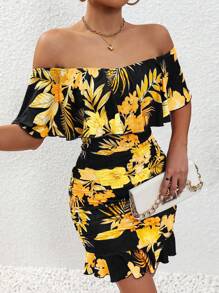 Selianne Đầm ôm body trễ vai in họa tiết cây xanh trang phục đi biển cho nữ - Màu vàng - Xem 4