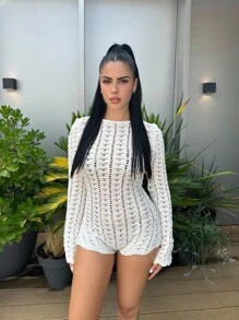 Lucia Bellido Crochet Knit Fitted Playsuit Ibiza Outfit, For Holiday, Spring, Summer, Vacation, Beach, Boho, Western White Isle, Beach Club Western Country