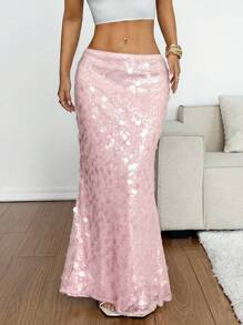 SHEIN EZwear Falda elegante de mujer con cola de sirena y lentejuelas de unicolor - Rosa - Ver 1