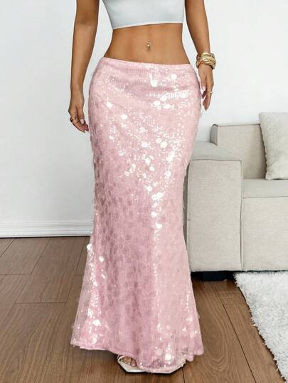SHEIN EZwear Women's Solid Color Sequin Mermaid Hem Elegant Skirt