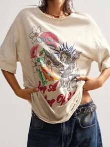 Bohemela 女士休闲纯色针织圆领短袖水洗宽松T恤 - 黑色 - 查看 5