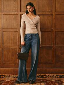 Poéselle Khaki Cardigan Sweater, Off-Shoulder Wrap Sweater With Gold Buttons – Cozy Chic Knit Top,Women's Casual Commuter Button-Front Long Sleeve Cardigan,Wrap Sweater Women,Off Shoulder Knit Top, Cross Front Sweater, Taupe Knitwear, Fall Cozy, Minimalist Sweater Style,Neutral Aesthetic Fashion, Chic Casual Knit,Simple And Fashionable, Suitable For Daily Wear, Going Out, Commuting, Dating, Home And Other Occasions - Khaki - View 2