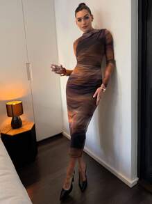 Lavishia 立领扎染印花长袖修身中长连衣裙 - 彩色 - 查看 4