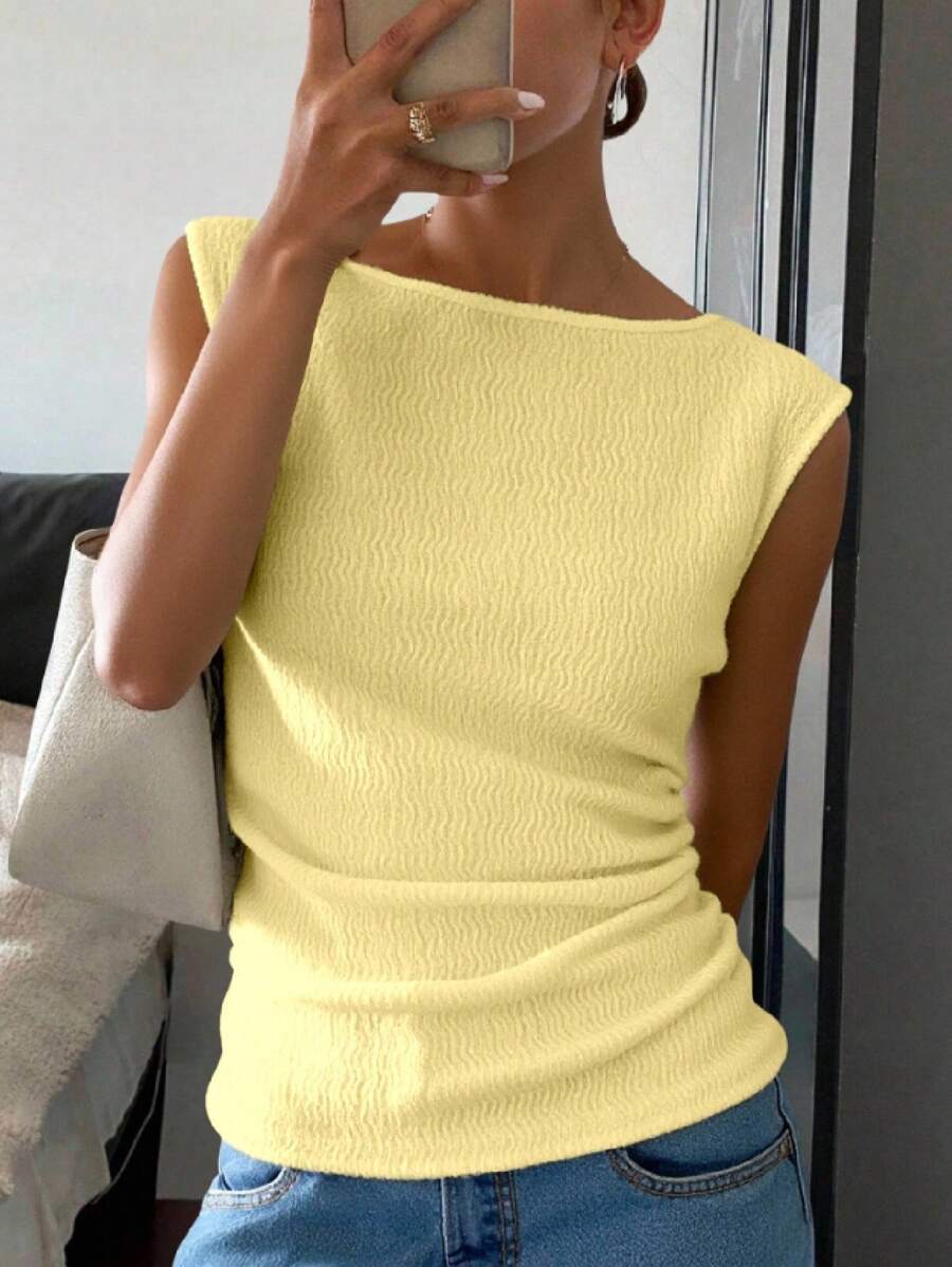 INAWLY 全新纹理露肩修身盖袖时尚女式衬衫 - 黃色 - 查看 1