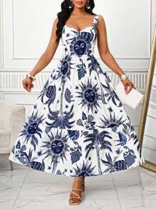 SHEIN Lady Suspender Dress Print Sundress Blue & White Graphic Print Cinched Waist Backless Strap Dress, Casual Vacation Style Wedding Guest Dress Women Vacation Outfits Woman Beach Outfits For Woman Business Casual Woman Birthday Dresses For Women Festival Graduation Dress African Woman Clothing Women Dresses Summer Tropical Dresses For Women Birthday&Event Dresses /Office Dresses /Church Dresses/Wedding Dresses /Holiday Dresses /4th Of July Dress