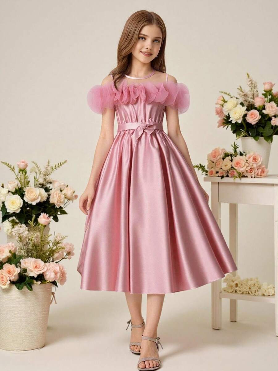 Tween Girl 优雅粉色网眼和欧根纱露肩连衣裙