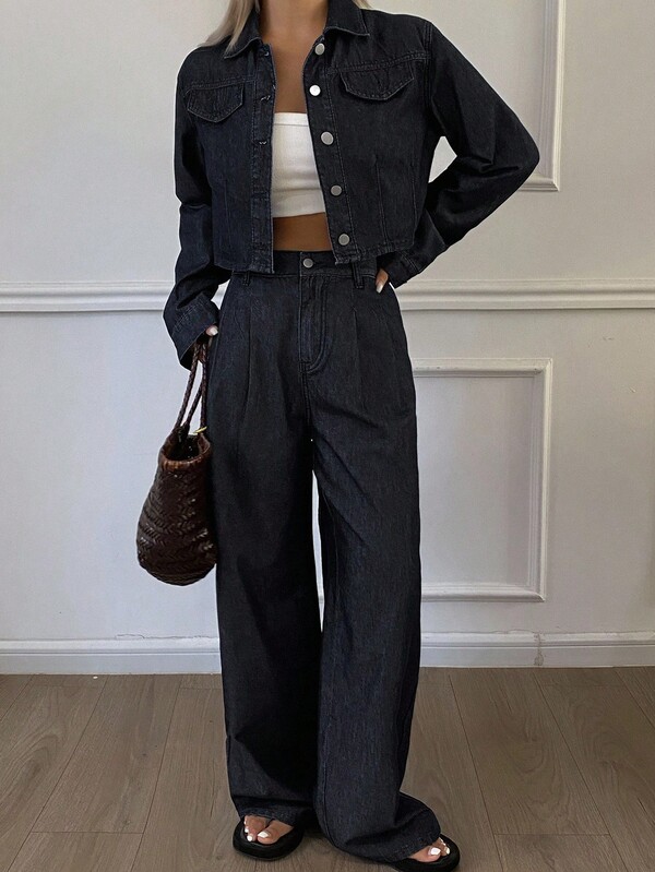 Livesso Women's Loose Fit Long Sleeve Top And Denim Pants Set, Autumn