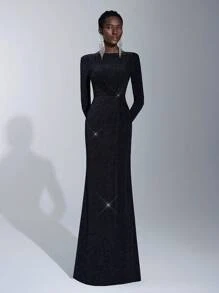 Elitara Women's Shiny Twist Knot Long Bridesmaid Dress (Adult) Black Elegant Long Sleeve Formal Evening Prom Wedding Guest Gown, For Graduation, Dinner Party Dress - Black - View 6