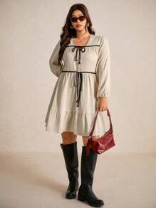 Elaquor Plus Size Casual 3/4 Lantern Sleeve Tie-Up Textured Chiffon A-Line Dress - Apricot - View 3