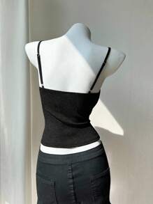 SHEIN LUNE 褶饰蕾丝拼接二合一吊带背心，休闲度假优雅户外穿搭背心，女士黑色蕾丝吊带背心，可爱黑色上衣，黑色紧身胸衣上衣，黑色 Y2k 上衣 - 黑色 - 查看 2