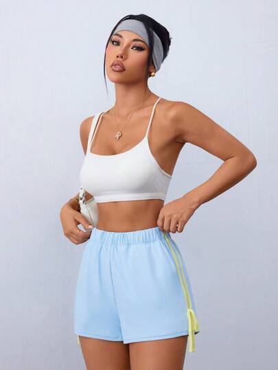 Easithlete Light Blue Elastic Waist Women's Sports Shorts With Phone Pocket, Suitable For Exercise, Leisure And Outdoor Activities Workout Shorts For Women Women Athletic Shorts Loose Workout Shorts Baby Blue Shorts Flowy Athletic Shorts