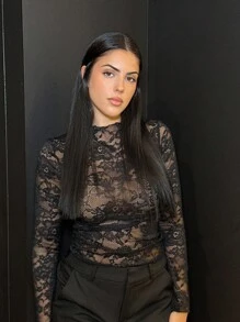 Lucia Bellido Women's Lace Elastic 3328 Peony Floral See-Through Sexy Top (Random Cut) - Black - View 1