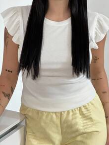 WYWH Vacation Ruffle Trim Ribbed White Knit Tee - White - View 3