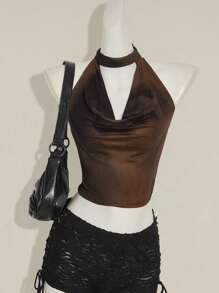 SHEIN ICON Y2k 夏季外出俱乐部音乐会黑红西部嬉皮花卉女式扎染网眼印花露背背心 - 棕色 - 查看 4