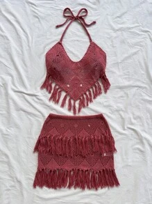 Soleia 2 件波西米亚风流苏露背上衣 + 低腰流苏裙套装，适合派对、约会、情人节、复活节、狂欢节、下午茶、海滩、游轮、城市度假、秋冬 - 棕色 - 查看 5