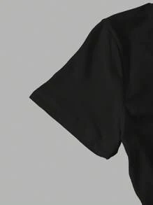 Sparklyn 青少年女孩休闲花卉印花短款修身圆领 T 恤，适合夏季 - 黑色 - 查看 3