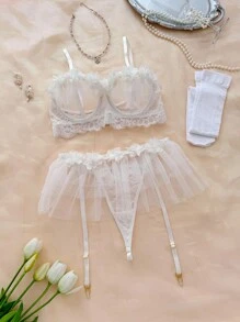 Floral Lace Underwire Garter Lingerie Set With 1pair Stocking Bridallingerie - White - View 6