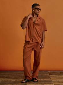 Musero Men Short Sleeve Button Through Revere Collar Front Chest Pocket Shirt - Orange - View 3