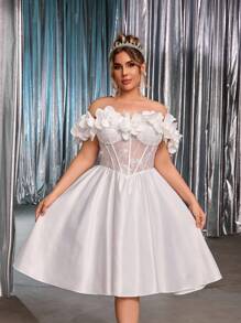 SHEIN Belle Plus Size Autumn Elegant Romantic Gorgeous White Sequin Embroidery Satin One Shoulder 3D Three-Dimensional Flower Design With Fishbone Palace Waist Section Puffy Skirt Suitable For Dinner Party Bachelorette Party Date Dance Vacation Homecoming Season Birthday Graduation Season Wedding Event Bridal Gift Dress Formal Dresses For Wedding Guest - White - View 2
