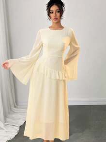 Modelyn Vestido elegante de chiffon com manga flare assimétrica e babados na bainha - Amarelo - Ver 3