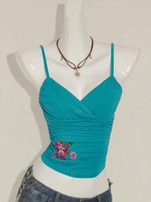 SHEIN ICON Y2k 女款蓝绿色外出刺绣花卉休闲度假海滩性感露背系带短款上衣