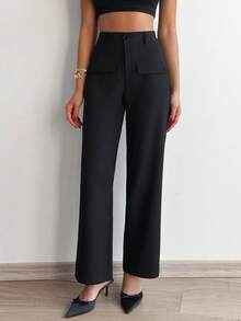 EURMUSE Pantalón de unicolor, con detalles de bolsillo falso - Negro - Ver 3