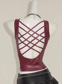 SHEIN ICON Y2k 女士哥特风酒红色露背纯色 PU 皮革系带设计时尚 PU 皮革上衣