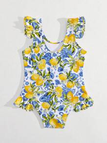 Baby Girl Lemon Print Ruffle One-Piece Swimsuit Animal Print Dress Halloween Costumes School Clothes School Clothes Back To School Clothes Puppy Keep Puppy Graphic Tees - Multicolor - View 2