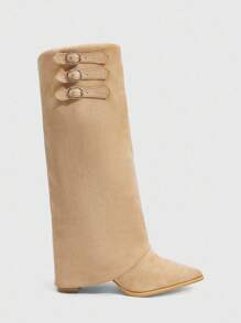 Daringsoles Botas occidentales de tacón grueso con punta puntiaguda y flecos para mujer, botas altas de ajuste ceñido - Camel - Ver 12