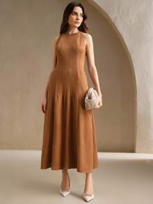Anewsta Vestido Midi Elegante Feminino Cáqui, Sem Mangas, Com Cintura Franzida, Plissado, - Caqui - Ver 7