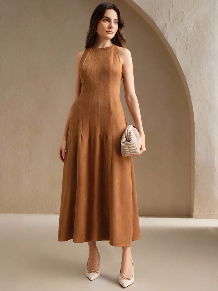 Elegant Women's Khaki Sleeveless Cinched Waist Accordion Pleated Suede Midi Dress