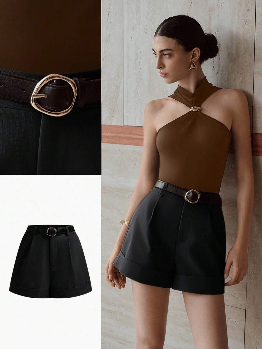 MOTF PREMIUM FOLD PLEATED BUCKLE BELTED SHORTS - Black - View 2