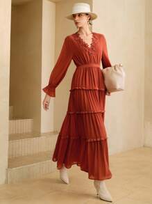 Arave 女式优雅腰部收紧褶皱蕾丝和网眼灯笼袖长裙，波西米亚和嬉皮风格 - 紅色 - 查看 6
