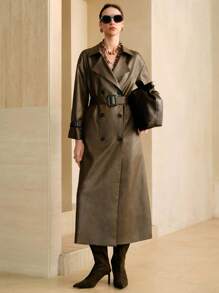 Arave 女士涂层面料时尚复古双排扣超大长款风衣（配腰带）、秋季女装、复古风女士、万圣节女装、休闲女士、机场美亚德风格旅行 - 咖啡棕 - 查看 6