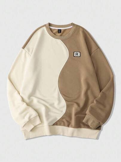 Men's Casual Colorblock Letter Graphic Crew Neck Sweatshirt