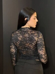 Lucia Bellido Women's Lace Elastic 3328 Peony Floral See-Through Sexy Top (Random Cut) - Black - View 2