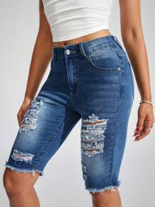 SHEIN LUNE Summer Casual Washed Distressed Slim Fit Denim Shorts - Medium Wash - View 5