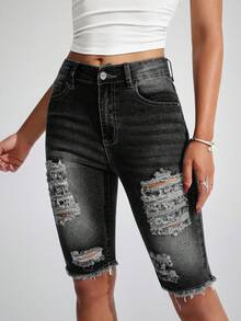 SHEIN LUNE Women's Fashionable Ripped Pocket Denim Bermuda Shorts - Multicolor - View 3