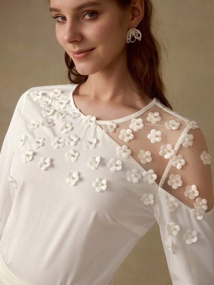 WOMEN'S APPLIQUES MESH LONG SLEEVE BLOUSE